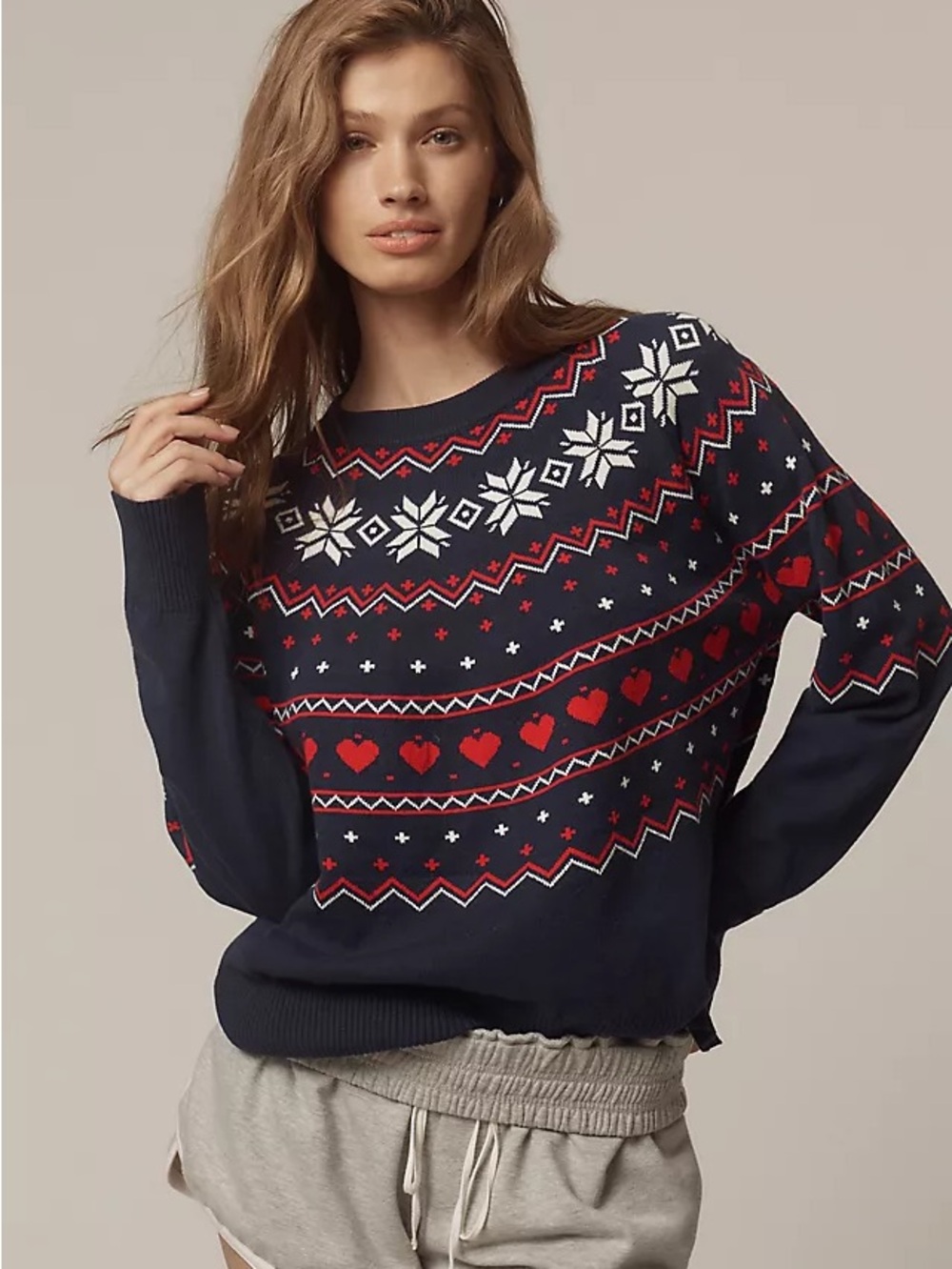 Beach Riot x Anthropologie Crew Neck Fair Isle Sweater, Navy / Red / White – L